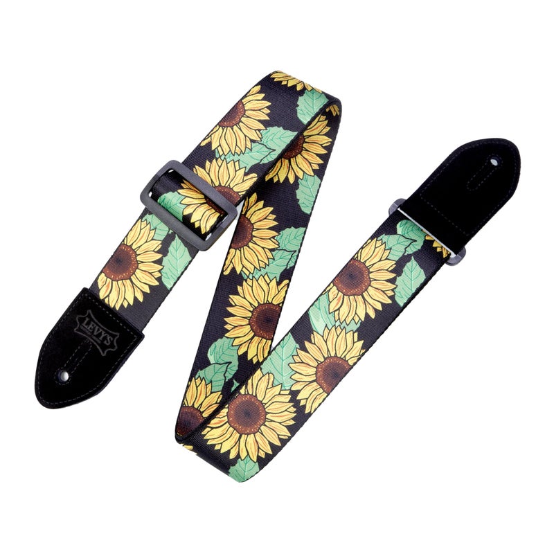 Levy's Leathers 2" Polyester Guitar Strap Sunflower Design; Black, Yellow, Green, and Brown (MP2-009) - Image 1